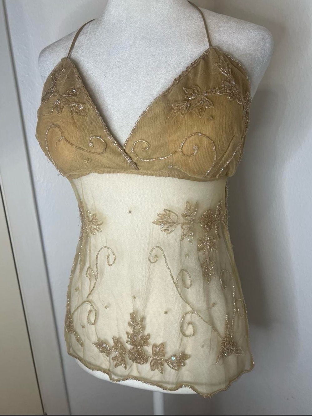 Sheer Embroidered Tan and Cream Lace Chemise